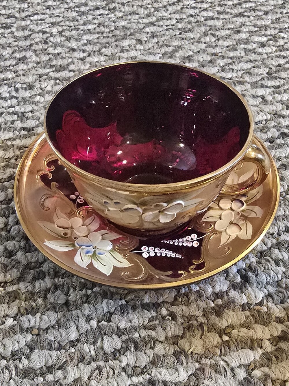 Vintage Venetian Murano Cranberry Glass HandPainted 24k Gold Giding Tea Set 2